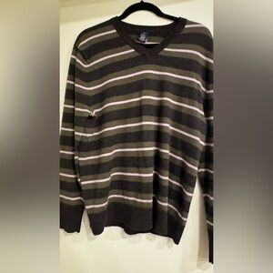 Gap Men's Large 100% Merino Wool V-Neck Sweater (Grey/ Lilac|Green Stripes)